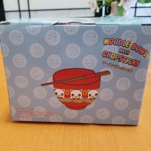 Lucky Cat Eating Noodles - Ramen Noodle Bowl With Chopsticks - New in Box - Picture 3 of 4